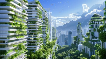 A cityscape with tall buildings and a green forest in the middle. The buildings are covered in plants and trees, giving the city a unique and natural appearance. The sky is clear and blue