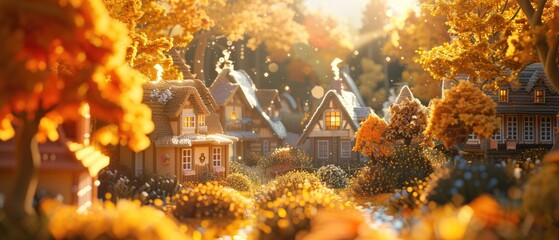 Golden autumn light on handknitted village houses, a picturesque scene of peace and abundance , 3D illustration - obrazy, fototapety, plakaty
