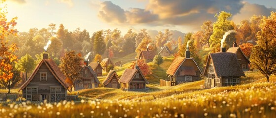 Golden autumn light on handknitted village houses, a picturesque scene of peace and abundance , 3D illustration - obrazy, fototapety, plakaty