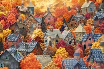 Handknitted village houses amidst a riot of fall colors, a cozy retreat from the chill in the air , 3D illustration