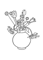 Vector illustration - ink sketch with tulip flowers with vase . Art for for prints, wall art, banner, background