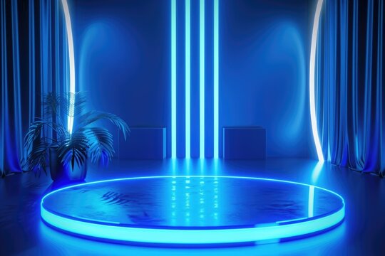 Futuristic minimalistic advertising podium in electric blue, sparking imagination and innovation with its design , 3D illustration