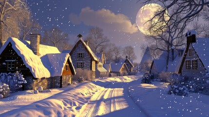 Handknitted village houses under a crisp winter moon, shadows playing on the snowdusted roofs , 3D illustration