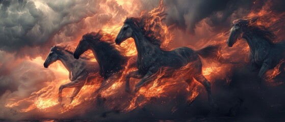 In the heart of the storm, horses with manes like burning embers race the furious wind , 3D illustration - obrazy, fototapety, plakaty