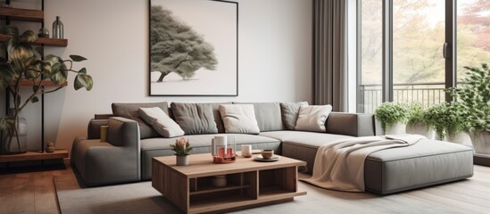 A cozy living room in a house with furniture like a couch, coffee table, and ottoman. The interior design includes wood flooring and a plant to add a touch of nature