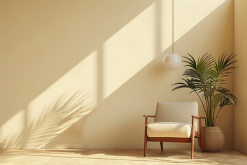 armchair and plant on the background of the wall, monochrome beige interior in a minimalist style with a place for text, mockup