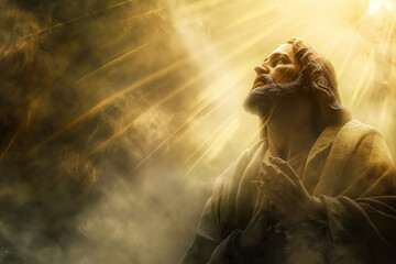 Portrait of Jesus Christ. Jesus praying to God and blessing people. Resurrection and Glory. Christian Easter Background. Crucification of Jesus, resurrection Sunday.	