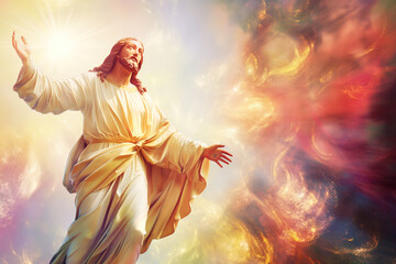 Portrait of Jesus Christ. Jesus praying to God and blessing people. Resurrection and Glory. Christian Easter Background. Crucification of Jesus, resurrection Sunday.	
