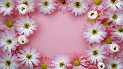 Pastel pink flowers background, top view layout for greeting card