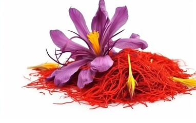 Dried saffron spice with flower isolated on white background