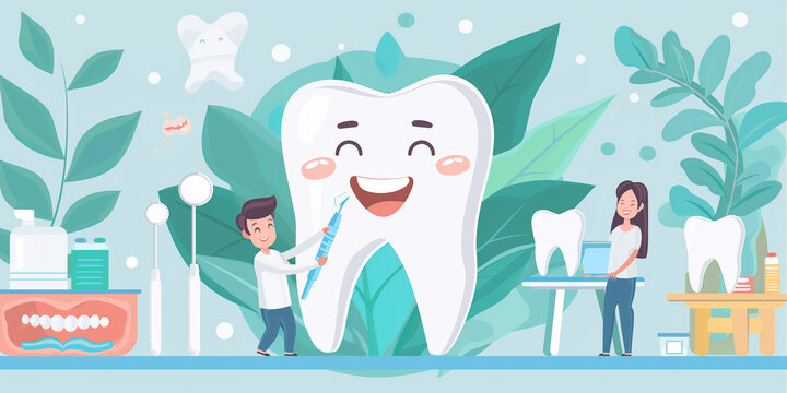 Dentist and cute tooth illustration. Kids friendly dentist office. Dental clinic creative background, stomatology website graphic.