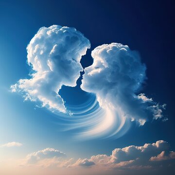 Lightly colored cloud sculpted into the shape of a couple lover kissing in the clear blue sky