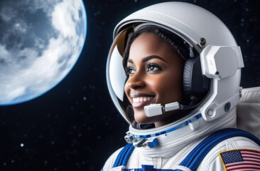 Portrait of black woman astronaut in outer space. The face of a smiling young woman in spacesuit against the surface of the moon.