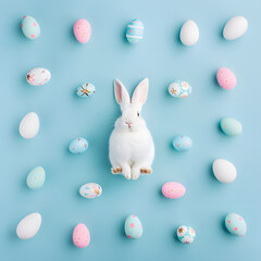Easter concept. Top view of easter eggs and rabbit on isolated pastel blue background. Generative ai illustration