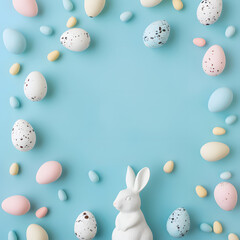 Easter concept. Top view of easter eggs and rabbit on isolated pastel blue background with copyspace. Generative ai illustration
