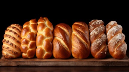 Different types of bread in the bakery on wooden counter