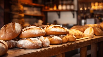 Different types of bread in the bakery on wooden counter - obrazy, fototapety, plakaty