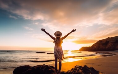 Happy woman with arms up enjoy freedom at the beach at sunset