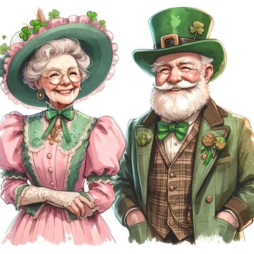 Vintage Watercolor Illustration of Old Couple Celebrating St Patrick's Day