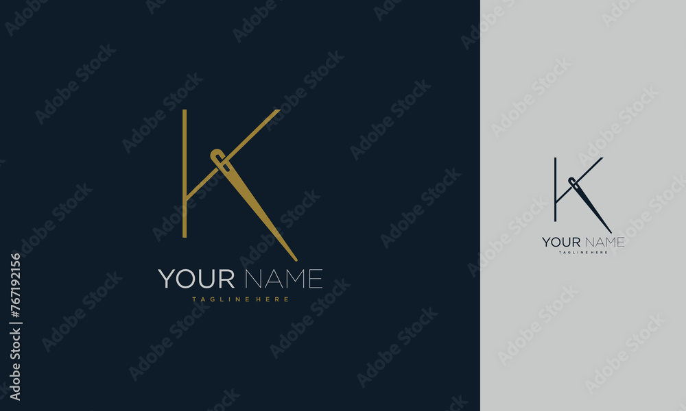 Wall mural Initial letter K sewing logo formed from thread and needle with gold colour