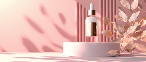 Peach fuzz, pastel cosmetic mockup. Banner with cream jar, container, serum bottle, flowers and leaf. Skin Care beauty concept. Showcase for product presentation. Ads background. Generative ai