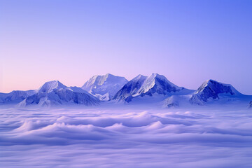 An endless sea of clouds, snow-capped mountains visible in front, and a blue-purple color at dusk. Sunlight shines on the snowy mountain peaks. Majestic landscape concept.