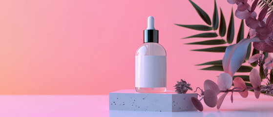 Peach fuzz, pastel cosmetic mockup. Banner with cream jar, container, serum bottle, flowers and leaf. Skin Care beauty concept. Showcase for product presentation. Ads background. Generative ai