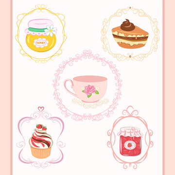 ПечатьVector seamless appetizing pattern - a cup, a slice of cake, a cake basket with cream, a jar of honey, jam in different beautiful multicolored ornate frames, vertical stripes of pale red color
