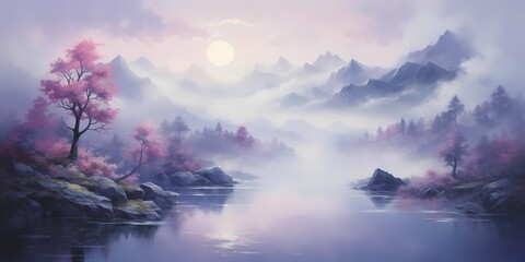 An ethereal morning mist dissipating over a gradient background of gentle blues fading into rich purples, evoking a sense of serenity and calm. - obrazy, fototapety, plakaty