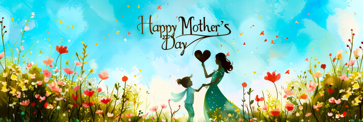 A beautiful illustration of a mother and child, their silhouettes forming the shape of a heart, The words "Happy Mothers Day" are written in the sky