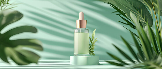 Turquoise cosmetic mockup. Banner with cream jar, container, serum bottle, flowers and leaf.  Skin Care beauty concept. Showcase for product presentation. Ads background. Generative ai
