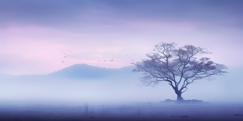 An ethereal morning mist dissipating over a gradient background of gentle blues fading into rich purples, evoking a sense of serenity and calm. - obrazy, fototapety, plakaty