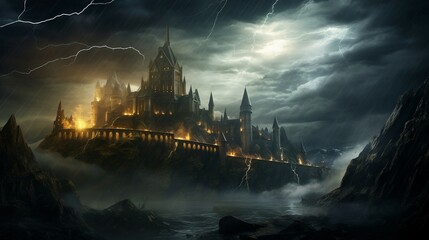 a castle in the middle of a storm with lightning