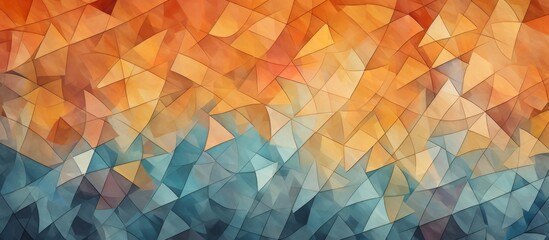 An art piece featuring a sunset with triangular shapes, splashes of electric blue and peach tints, creating a symmetrical pattern reminiscent of petals on water - obrazy, fototapety, plakaty