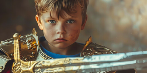 A boy in shining armor, brandishing a cardboard sword, defending his make-believe realm - obrazy, fototapety, plakaty