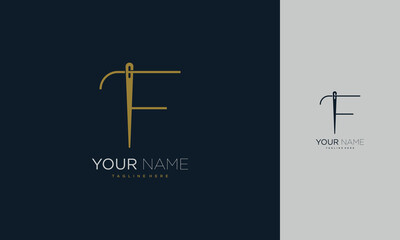 Initial letter F sewing logo formed from thread and needle with gold colour