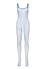Subject shot of a blue tight openwork bodysuit with thin shoulder straps and an open crotch. The erotic lingerie is isolated on the white background. Front view.