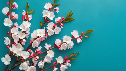 Pic Turquoise blue background with springtime cherry blossom branches