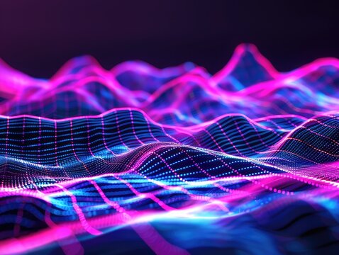 A digital landscape made of neon grid lines representing a virtual environment or digital terrain