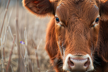 A cow with a blue eye stares at the camera. The cow is brown and has a white nose - obrazy, fototapety, plakaty