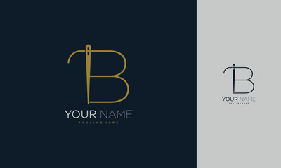 Initial letter B sewing logo formed from thread and needle with gold colour