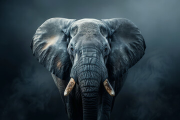 A large elephant with a dark gray face and wrinkled skin. The elephant is looking directly at the camera