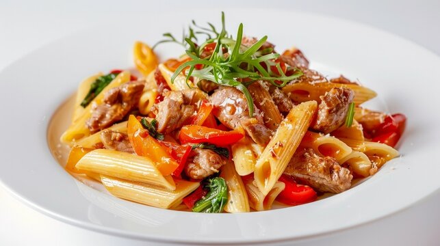 There is a picture of penne pasta with meat and vegetables placed on a white background.