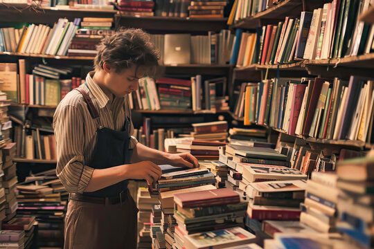 A documentary-style photograph of a second-hand bookstore owner arranging books on a shelf