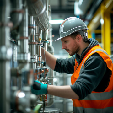 Man in Safety Helmet at Work. Expert Engineering Oversight in Factory. Quality Control at Industrial Workshop. Safety Procedures Implementation.