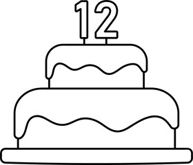 birthday cake with number one candle, 12 years party black line element