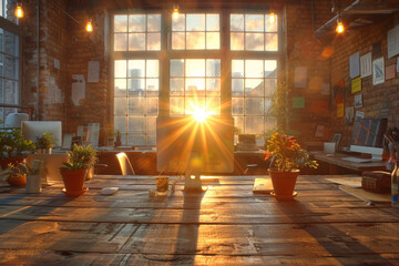 Sunset rays piercing through a cozy office window, illuminating the creative workspace