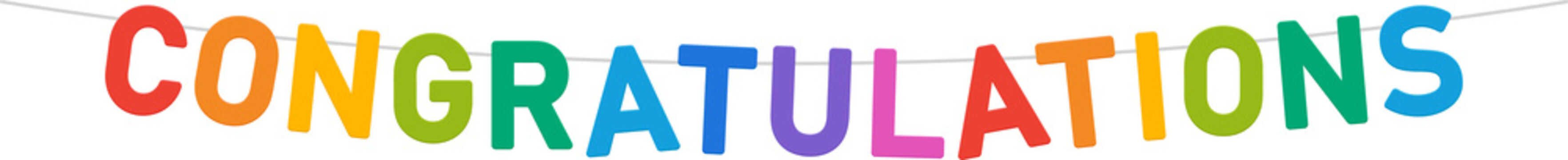congratulations banner, colorful party bunting, big letters hanging on a string