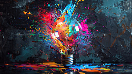 Creative light bulb explodes with colorful paint splashes. Brainstorming concept Banner