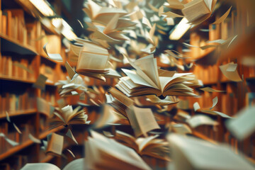 A high-speed shot capturing the moment a book is thrown into the air, pages flying everywhere - obrazy, fototapety, plakaty